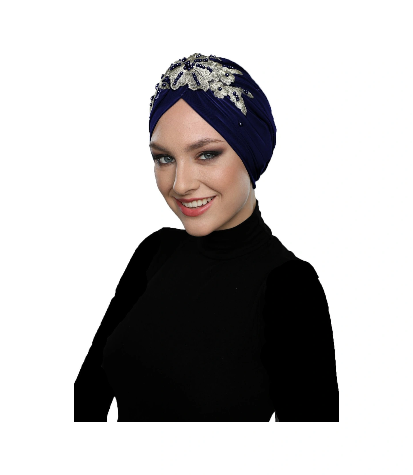 Kopma Astarlı İşlemeli Lacivert Sarı Dantel Motifli Hazır Türban Tesettür Abiye Bone Lacivert-sarı