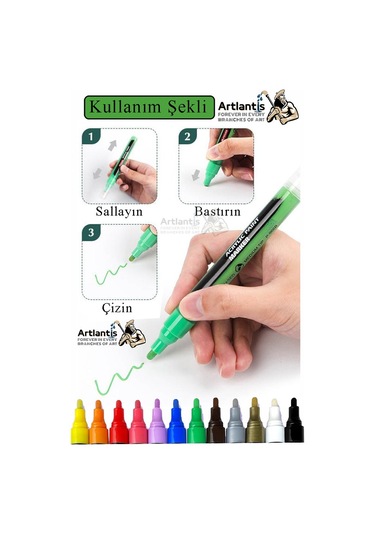 12 Renk Akrilik Markör Keçeli Kalem 1 Adet 12 Li Acrylic Marker Taş Cam Metal Seramik Plastik Tuval Ahşap 0.7-1 Cm