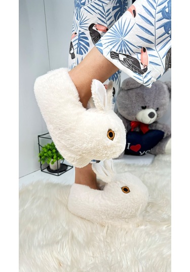 Kadın Panduf Tavşan Figürlü Peluş Ev Botu Desenli Düz Taban Rahat Hafif 359 Ekru