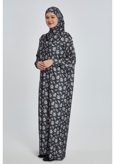 Pratik Tek Parça Manolya Desenli Namaz Elbisesi Koyu Siyah