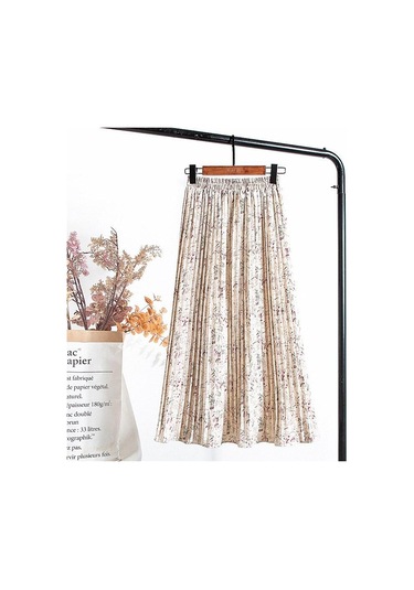 Bej Qooth Yaz Kadın Çiçek Baskılı Pilili Şifon Etek Yüksek Bel Pilili Orta Uzunlukta Elastik Bel Etek Qt807 Bej