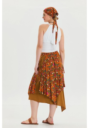 Bağlama Detaylı Beli Lastikli Salaş Etek Hardal