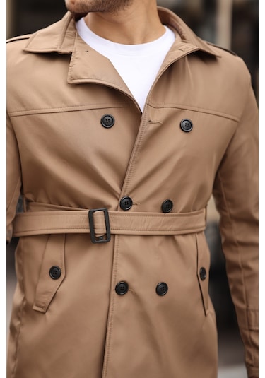 Mero Life Erkek Taba Mevsimlik Astarlı Kemerli Kruvaze Trençkot Taba