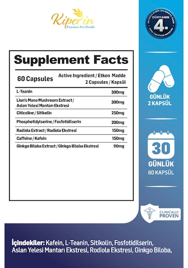 Kiperin Mind Focus Aslan Yelesi Mantarı, Sitikolin, Rhodiola, L-theanin .. 1440mg Akıllı Gıda Takviyesi