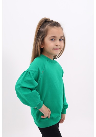 Toontoy Kız Çocuk Relax Fit Bisiklet Yaka Büzgülü Reglan Kol Sweatshirt - 2 İplik Çimen Yeşili