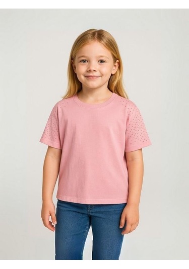 Kız Çocuk Taş İşlemeli Pamuklu T-shirt-15981 Pembe