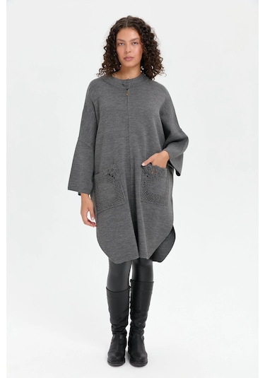 Desen Triko Kadın Dik Yaka Cebi Gül İşlemeli Fermuarlı Panço 24060 Gri Melanj Gri Melanj