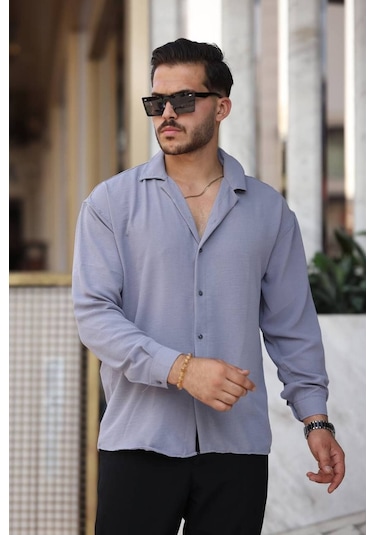 Tex Republic Erkek Gri Rahat Kesim Dokulu Oversize Salaş Aerobin Gömlek Gri