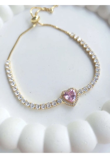 Çelik Gold Asansörlü Pembe Kalpli Bileklik Sevgiliye Hediye Altın