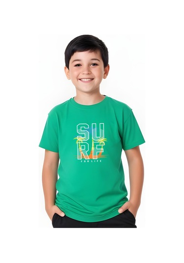 Surf Baskılı Erkek Çocuk Kısa Kollu Tişört Yeşil