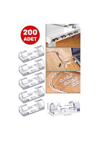 200lü Şeffaf Kablo Sabitleyici Düzenleyici Duvar Klipsi Yapışkanlı Kablo Organizer Tutucu Toplayıcı