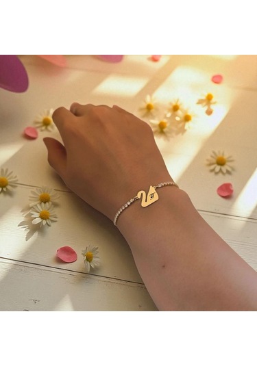 Archin T Harfine Özel 14 Ayar Altın Plakalı Beyaz Taş Detaylı Kuğu Kuşu Motifli Hediye Bileklik-601harf T