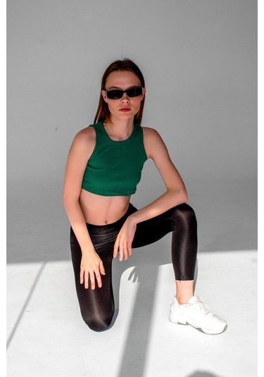 Koyu Kahve Fitilli Süper Crop Halter Yaka Örme Atlet L