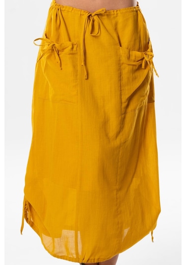 Gökşen Vual Bağlama Ve Lastik Detay Midi Boy Yazlık Otantik Etek Hardal Hrd-hardal Hardal
