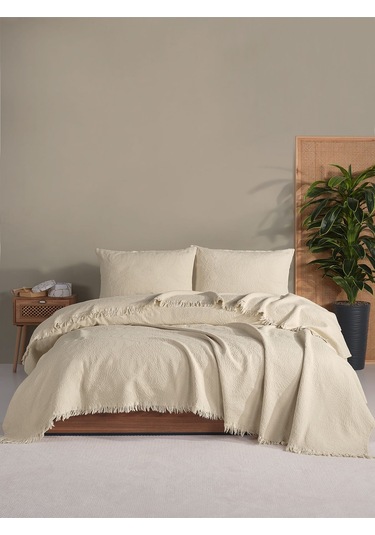 Jakar Daire Çift Kişilik Yatak Örtüsü Krem Kutulu Krem