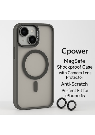 İphone 15 Kılıfı, Kaliteli Kamera Lens Koruyucu Dahil, Magsafe Uyumlu Darbe Dayanaklı, 3 Renk Gri