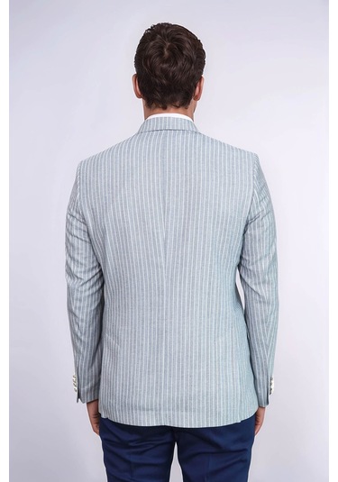 Açık Mavi Çizgili Keten Dokulu Gold Renk Metal Düğmeli Slim Fit Erkek Blazer Ceket Wessi Navy Blue
