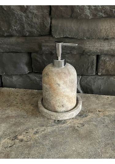 Yeni Silver Traverten Doğal Taş Tepsili Sıvı Sabunluk Seti Beyaz
