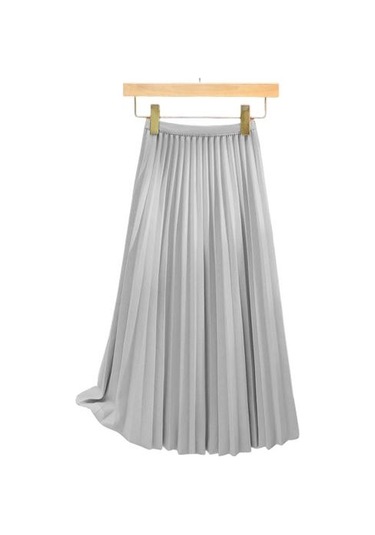 Kadın Pileli Etek Elastik Yüksek Bel A Kesim Uzun Etek Düz Renk Rahat Kumaş Çok Yönlü Etek Günlük Giyim Gümüş