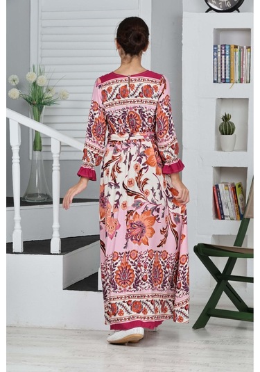 Kız Çocuk Viskon Kumaş Desenli Uzun Elbise Fuşya