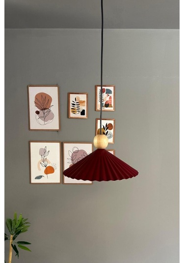 Avilla Vişne Çürüğü Tekli Metal Avize Ahşap Boncuk Başlık Rustik Cafe Modern Sarkıt Aydınlatma Bordo