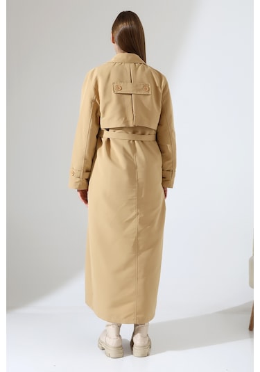 Amazon Keten Kumaş Uzun Boy Düğmeli Astarlı Yumuşak Dokulu Trenç Kot Camel CAMEL