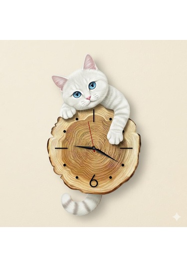 Cajuart Kütük Üzerinden Bakan Beyaz Kedi Tasarımlı Duvar Saati Modern Dekoratif Saat Beyaz