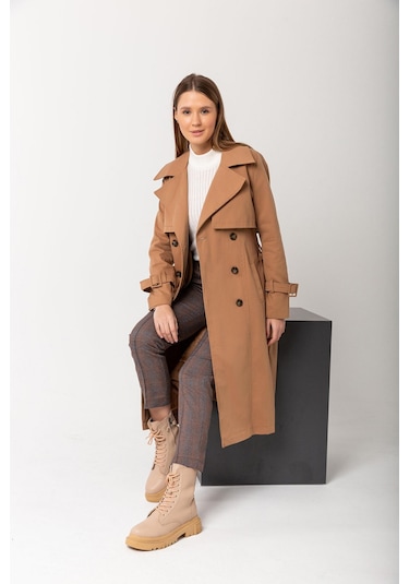 Pastelastore %100 Pamuk Gabardin Uzun 110cm Astarlı Kemerli Kadın Trençkot 1111 Bej
