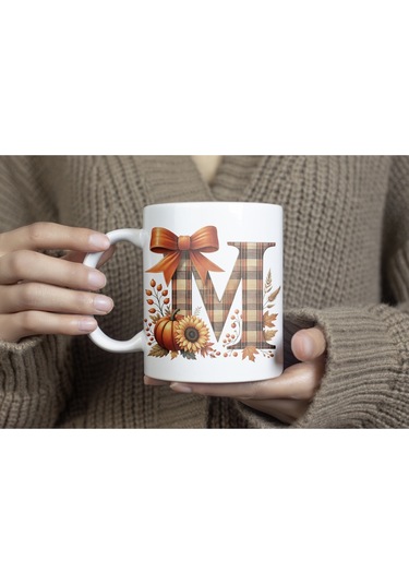 M Harfi Ekose Ve Sonbahar Temalı Kupa Bardak - Kişiye Özel Sıcak Tonlar Alfabe Kupa - Hediye Beyaz