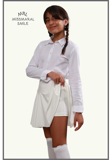 Kız Çocuk Okul Etek Beyaz /ekru Yüksek Bel Içi Şortlu Okul-oyun-spor-23 Nisan Etkinlik Eteği Beyaz