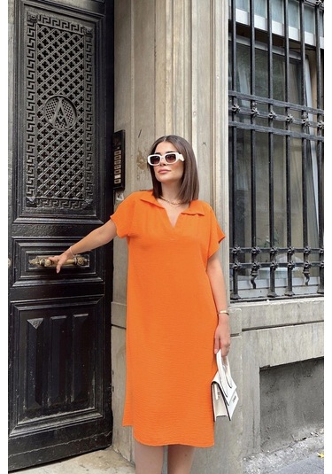 Turuncu Kısa Kol, Polo Yaka, Dokulu Kumaş, Basic Kalıp/kesim, Aerobin Rahat Midi Elbise Turuncu