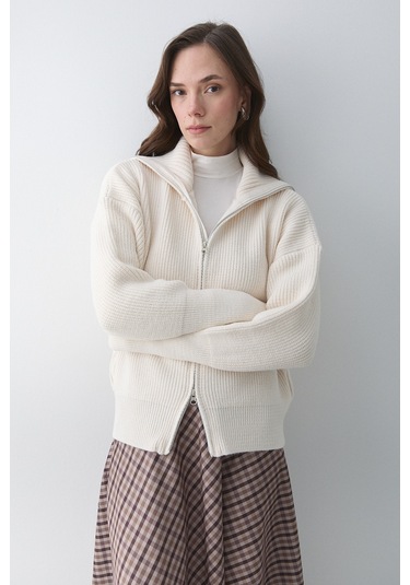 Krem Çift Fermuarlı Hırka - 251080 Krem