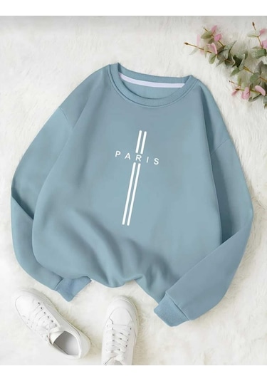Kozia Outdoors Paris Dikey Baskılı Oversize Unisex O Yaka Sweaşhirt Mavi Mavi