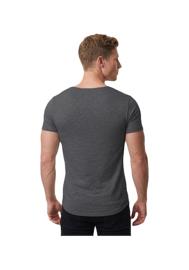 Deepsea Erkek Antrasit Slim Fit %90 Pamuk Açık Yaka Oval Kesim Likralı Basic Tişört 1801199