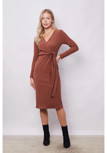 Kadın Hafif Likralı Triko Kruvaze Anvelop Bağcıklı Uzun Kol Diz Altı Uzun Elbise-fındık Kabuğu Fındık Kabuğu Kadın Hafif Likralı Triko Kruvaze Anvelop Bağcıklı Uzun Kol Diz Altı Uzun Elbise-fındık Kabuğu Fındık Kabuğu