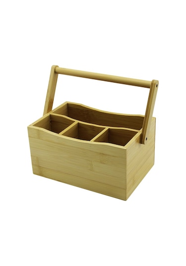 Taşıma Kulplu - 3+1 Bölmeli Tezgah Üstü Bambu - Ahşap Kaşıklık Çok Renkli