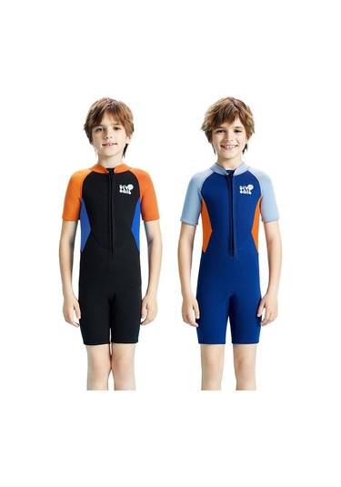 Dıve & Saıl 2.5mm Kısa Kollu Tek Parça Sıcak Çocuk Wetsuit Şnorkel Soğuğa Dayanıklı Mayo Siyah - Turuncu