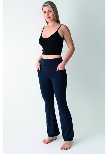 Lacivert Yüksek Bel Toparlayıcı Çift Cepli İspanyol Paça Tayt Lacivert