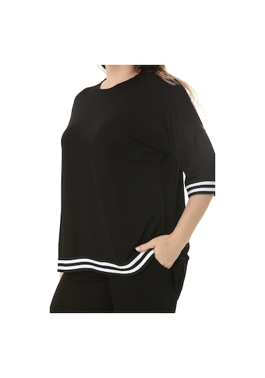 Melsay Butik Siyah Bisiklet Yaka Şerit Detaylı Kısa Kollu Beli Lastikli Kapri Takım Siyah