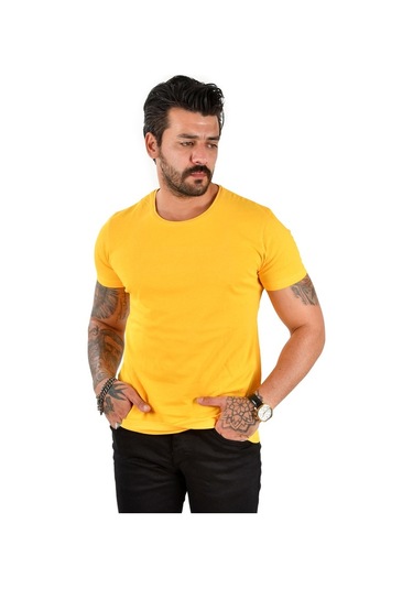 Deepsea Erkek Hardal Sarısı Sıfır Yaka Dar Kesim Likralı Düz Basic Tişört 1801131 False Hardal Sarısı