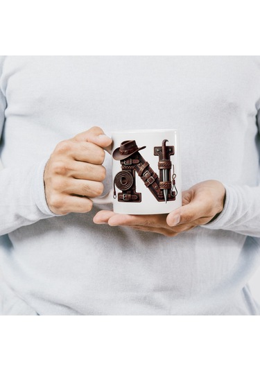 N Harfi Kovboy Temalı Bardak 330 Ml İsim / Harf Kişiye Özel Hediye - Vahşi Batı Konsept Beyaz