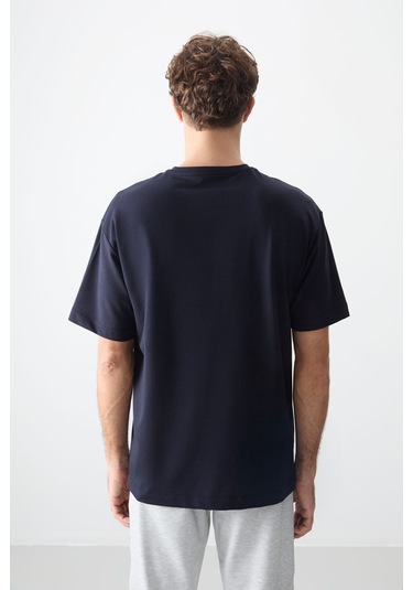 Tommy Life Lacivert Pamuklu Kalın Yumuşak Dokulu Oversize Fit Baskılı Erkek T-shirt - 88373 Lacivert