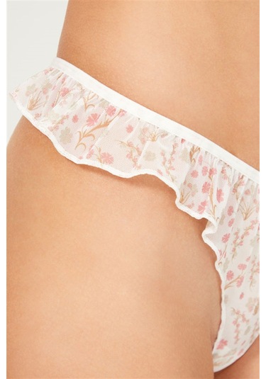 Krem Çiçek Desenli Tül Kenarları Fırfırlı Tanga Külot Krem