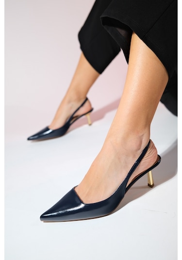 Luvishoes Marten Laci Cilt Kadın Sivri Burun Arkası Açık İnce Topuklu Ayakkabı Lacivert