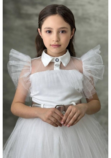 Ricctarz Kız Çocuk Gömlek Yaka Göğsü Ve Kolları Tül Detaylı Wednesday Beyaz Elbise Beyaz