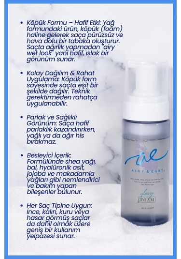 Cosmetex Roland Airy & Easy Glossy Oil Foam Saç Köpüğü 150 ML