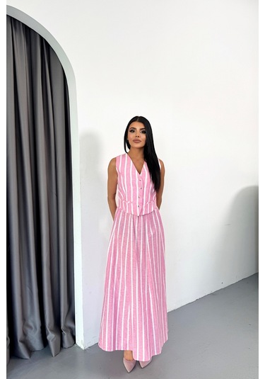Sensuelle Keten Çizgili Yelek - Uzun Etek Takım - Pembe Pembe