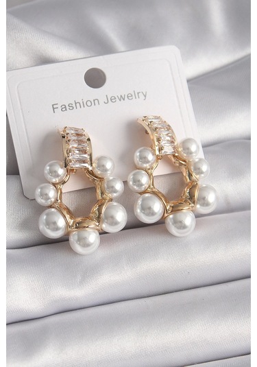 Pirinç Gold Renk Zirkon Taşlı Su Yolu İncili Halka Model Kadın Küpe Çok Renkli