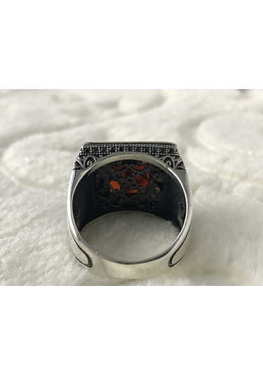 Akik Taşlı Elif Vav Işlemeli 925 Ayar Gümüş Erkek Yüzük