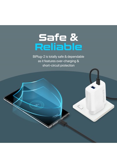 Promate BiPlug-2 17W Yüksek Hızlı Şarj Cihazı, Type-C, USB Beyaz
